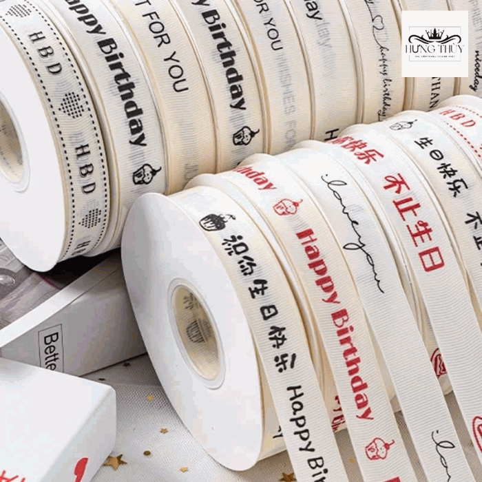 Dây ruy băng bản 2cm in chữ HAPPY BIRTHDAY ,màu trắng kem