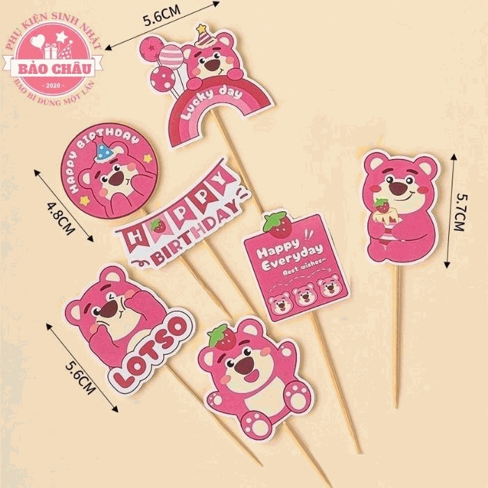 Các mẫu set giấy gấu dâu - phụ kiện trang trí bánh kem