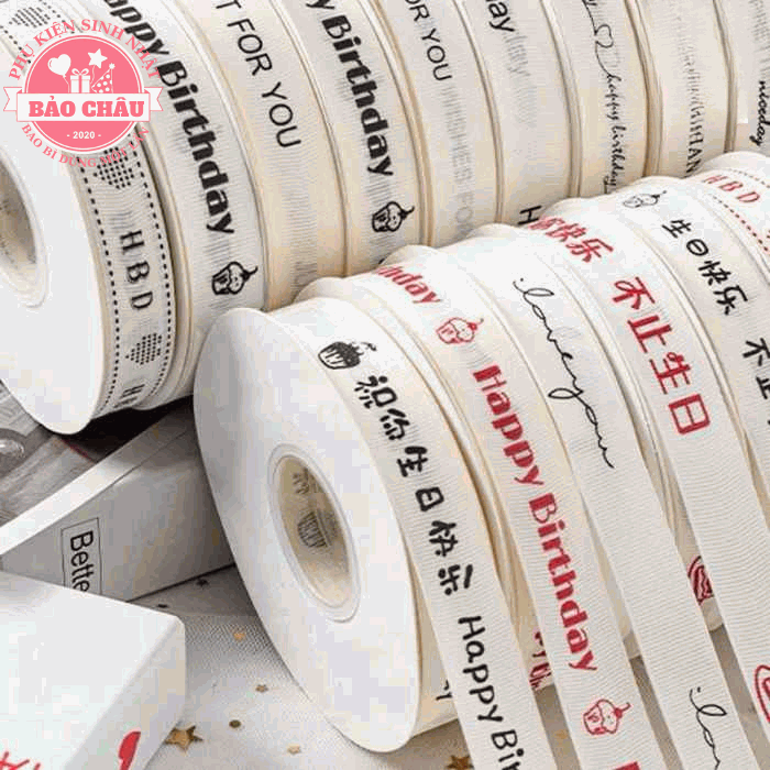Dây ruy băng bản 2cm in chữ HAPPY BIRTHDAY ,màu trắng kem