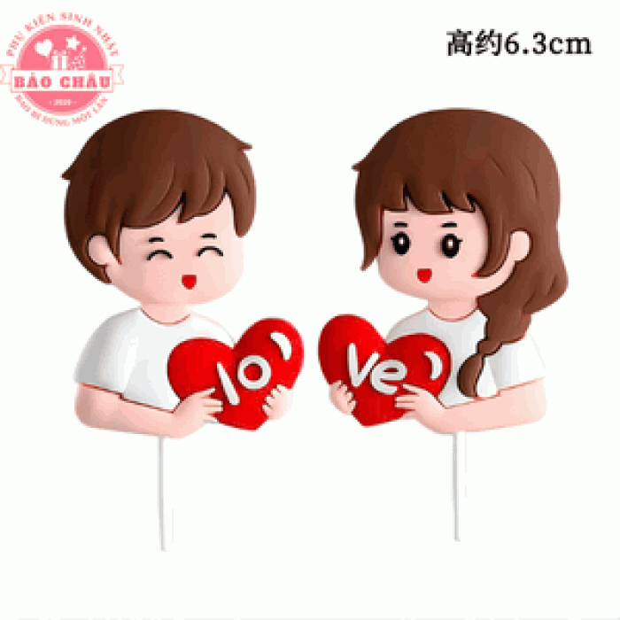 Silicon Đôi Nam Nữ Và Trái Tim Đỏ Có Chữ LOVE - Trang trí bánh kem, bánh sinh nhật