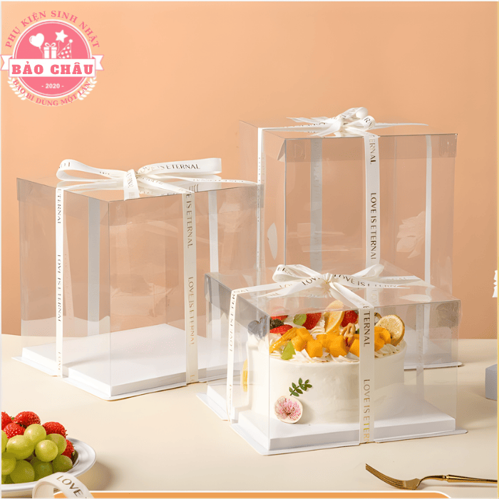 Tổng kho phụ kiện bánh kem Quận 12: Đầy đủ Hộp Mica, Hộp giấy và Túi dùng 1 lần.